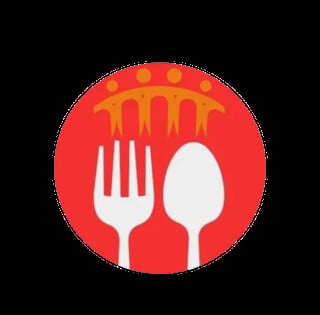 Red circular restaurant icon with fork and spoon utensils and decorative dining elements
